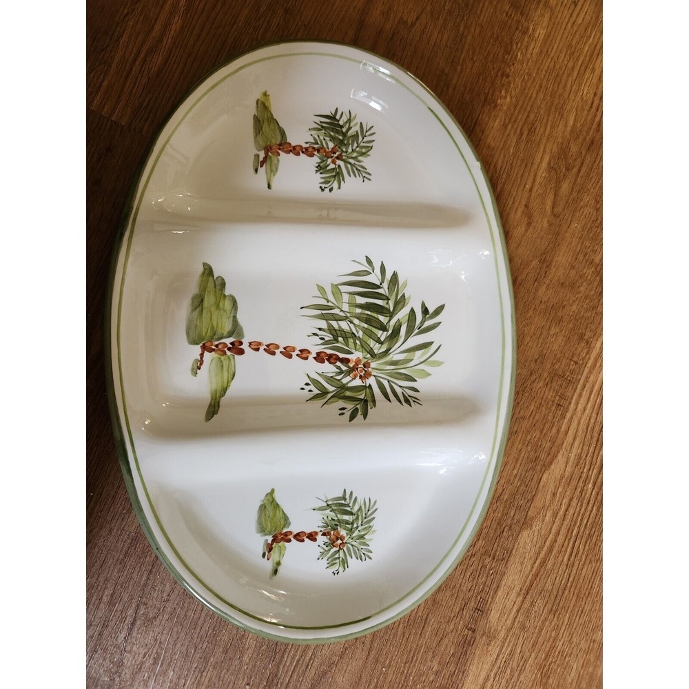 Gibson Designs PALM COURT Stoneware Green Trim 3 Part Oval Divided Server Dish